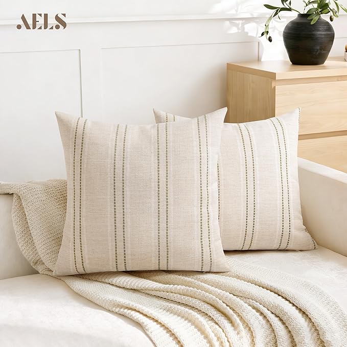 AELS 18x18 Decorative Farmhouse Linen Blend Throw Pillow Covers, Boho Textured Pillow Case, Set of 2, Beige with White & Brown Stitch Yarn Dyed Stripe Cushion Cover for Sofa Living Room (Cover ONLY)