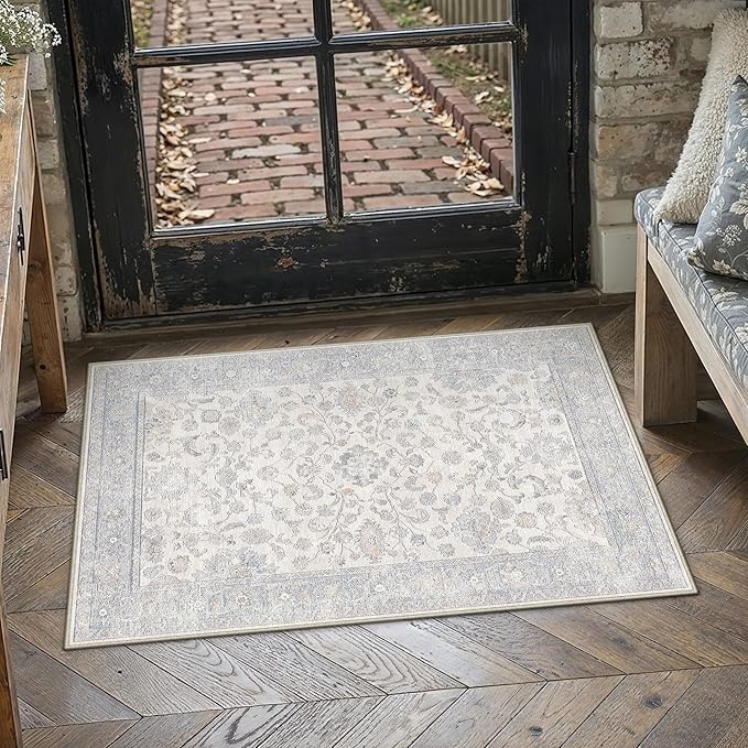 2x3 Blue Washable Area Rug for Living Room Bedroom Neutral Soft Floral Non Slip Thin Throw Rug Lightweight Vintage Low Pile Distressed Doormat Nursery Entrance Playroom Front Door Bathroom