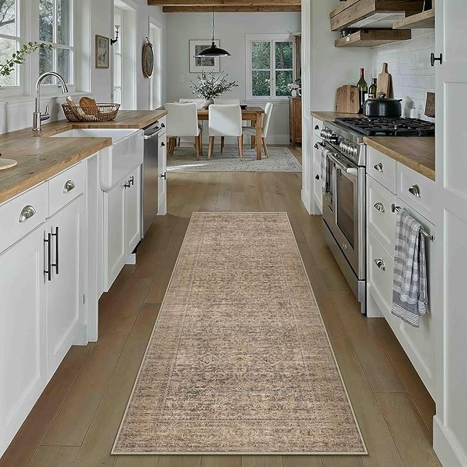 PureCozy 2x6 Runner Rug Non Slip Brown Machine Washable Hallway Kitchen Vintage Distressed Carpet Indoor Small Long Low Pile Thin Bedroom Bathroom Retro Accent Throw Rug Laundry Living Room