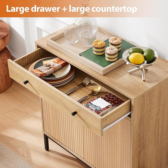 Mericonia Farmhouse Buffet Sideboard Cabinet with Storage, Fluted Coffee Bar with Doors and Adjustable Shelves, Modern Wood Cabinet for Kitchen, Livingroom (Fluted 2 Door, Natural) | with Drawer, Farmhouse, Kitchen Storage, with Doors, Adjustable Shelv...