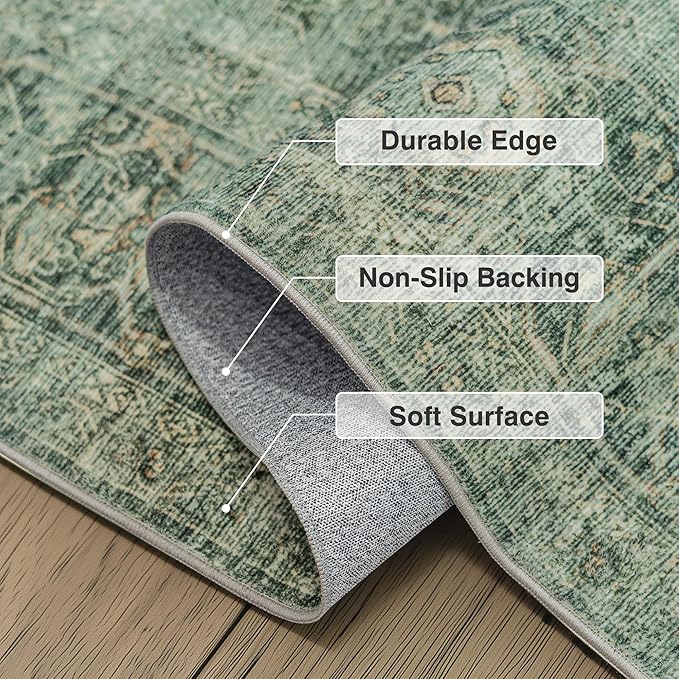 FMFUNCTEX 6x9 Washable Area Rug Green Vintage Neutral Distressed Oriental Large Non Slip Carpet for Living Room Bedroom Soft Low Pile Indoor Mat Retro Throw Rug for Dining Room Kitchen Office Nursery