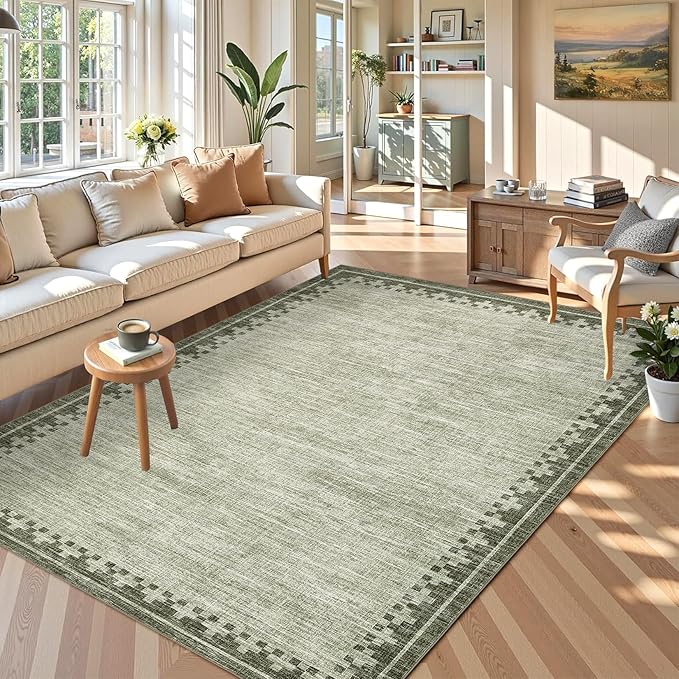GarveeHome Modern10x13 Washable Bordered Area Rug for Living Room Bedroom Neutral Non Slip Stain Resistant Large Indoor Carpet Foldable Low Pile Dining Room Home Office Rugs, Green