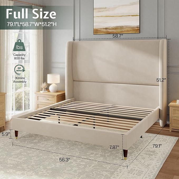 Jocisland Full Size Bed Frame 51.2" Wingback Headboard Velvet Upholstered Platform Bed with Solid Wood Legs & Wooden Slats, No Box Spring Needed, Modern Minimalist Style, Easy Assembly, Off-White