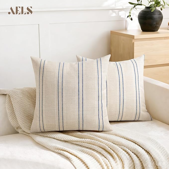 AELS 16x16 Decorative Farmhouse Linen Blend Throw Pillow Covers, Boho Textured Pillow Case, Set of 2, Beige with White & Navy Blue Stitch Yarn Dyed Stripe Cushion Cover for Living Room (Cover ONLY)
