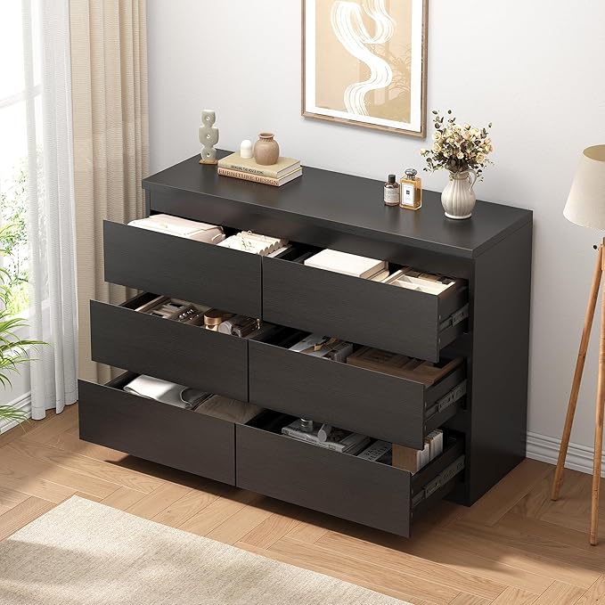Jocoevol Modern Black 6 Drawer Dresser - Simply Chest of Drawers for Bedroom, Closet, Living Room, Hallway, Entryway, Wood Storage Double Dresser with Smooth Metal Rails - Black