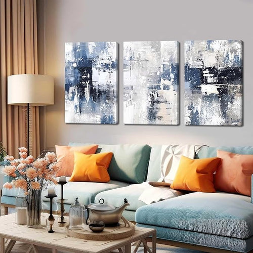Abstract Blue and White Wall Art Set of 3, Modern Simple Navy Framed Canvas Prints Poster, Gray Painting Picture for Living Room, Bedroom, Office Wall Decor 12x16 Inch
