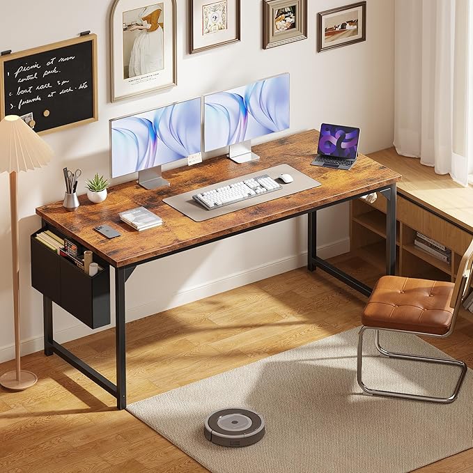 OLIXIS Computer Desk 63 Inch Home Office Desks for Small Spaces, Gaming Writing Study Work Table with Storage Bag and Headphone Hook for Bedroom, Rustic Brown