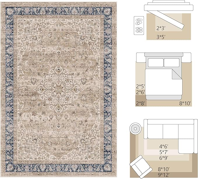 FMFUNCTEX 5x7 Brown Washable Area Rug Vintage Distressed Oriental Non Slip Low Pile Neutral Indoor Carpet for Living Room Bedroom Soft Retro Floral Thin Large Rug for Dining Nursery Office Dorm