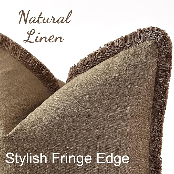 decorUhome Summer Decorative Neutral Linen Fringe Euro Sham Throw Pillow Covers Set of 2 Light Brown Pillow Covers with Tassels Soft Farmhouse Boho Accent Pillow Cases for Couch Bed Sofa 22x22 Inch
