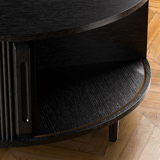 Round Coffee Table, 31.5" Fluted Center Table with Storage, Lift-Top Coffee Table with Adjustable Footpads, Sliding Door, Mid-Century Modern Center Table for Living Room, Small Space (Black)