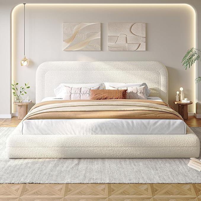 Homkdom King Size Bed Frame and Headboard, Upholstered Cloud Bed Frame, Anti-Collision Soft Rounded Corners, Boucle Platform Bed for Apartments, Guest Rooms, No Box Spring Needed,Beige