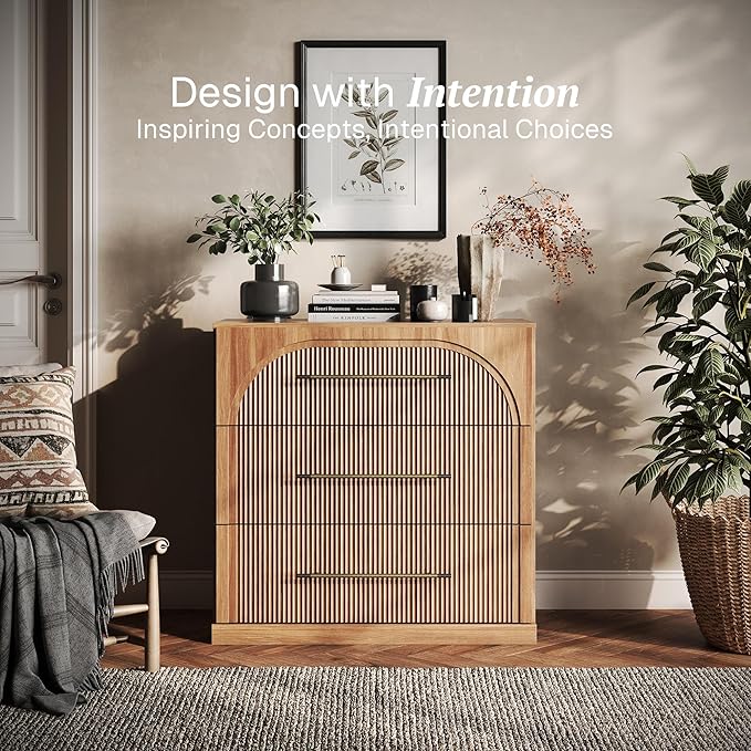 BELLEZE Fluted Modular Sideboard Cabinet, Classic Modern Buffet Cabinet with 3 Drawers, Accent Credenza Storage Cabinet for Dining Room Living Room Entryway (Camel)