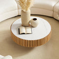 35.43'' Round Coffee Table with Faux Marble Tabletop, Modern Drum Center Coffee Tables Luxury Circle Coffee Table for Bedroom,Apartment,Living Room-Natural