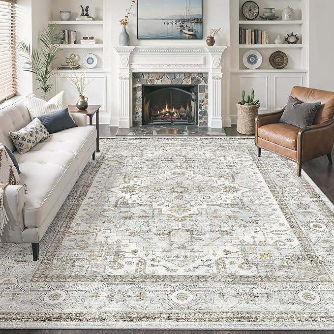befbee 8x10 Area Rugs for Living Room, Stain Resistant Neutral Washable Rugs for Dining Room, Floral Vintage Non-Slip Thin Large Size Area Rug （Blue＆Beige）