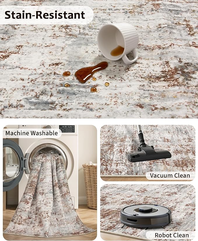 Art&Tuft 6x9 Area Rugs, Anti-Slip Backing Abstract Area Rug 6x9, Stain Resistant 6x9 Rugs for Living Room, Foldable Machine Washable Area Rug(6'x9', Rust)