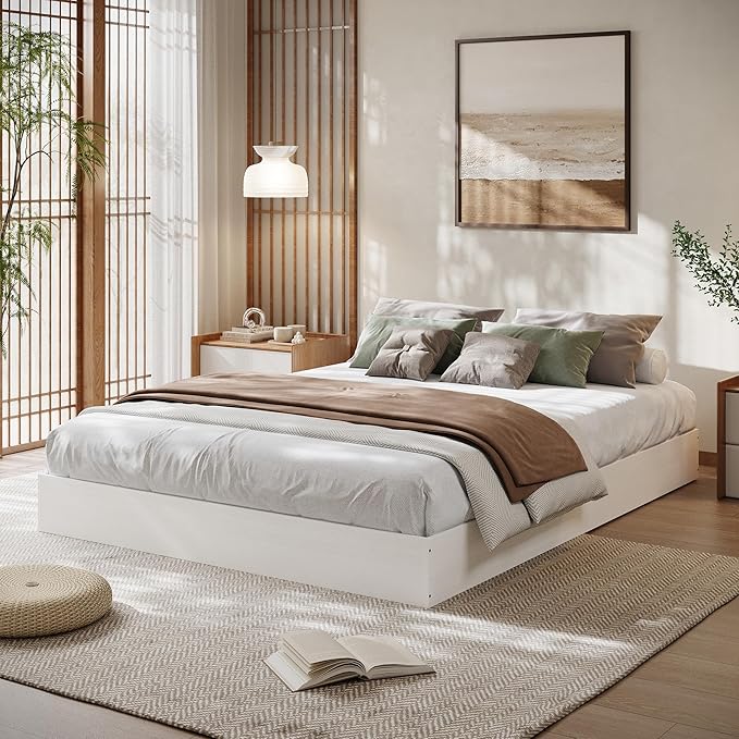 Queen Bed Frame, Wood Platform Bed with Sturdy Wooden Slats, Floor-Standing Bed Frame, Modern Minimalist Design, No Box Spring Needed, Easy Assembly, White