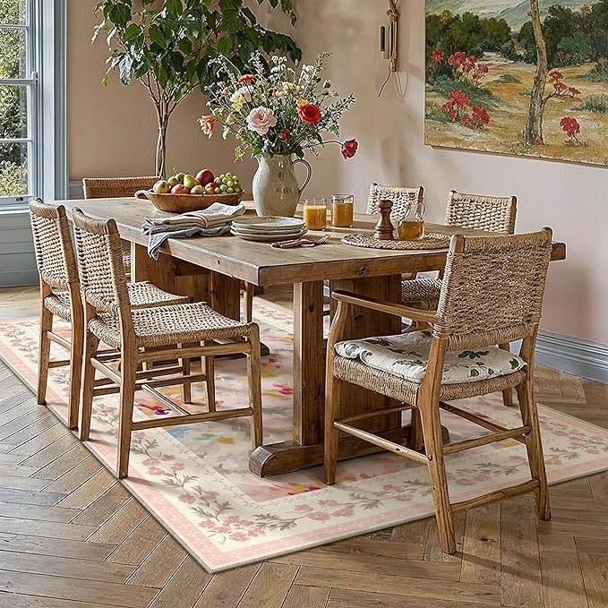 5x7 Washable Area Rug Beige Pink Living Room Bedroom Floral Throw Rug Abstract Modern Non Slip Soft Low Pile Carpet for Dining Room Office Nursery Indoor