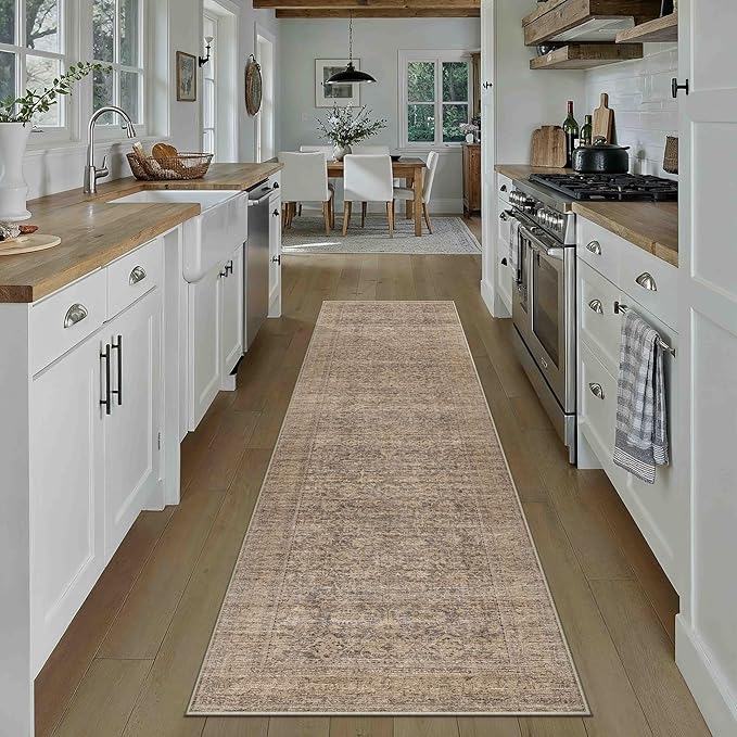 PureCozy 2x8 Runner Rug Brown Machine Washable Hallway Kitchen Vintage Distressed Non Slip Carpet Indoor Small Long Low Pile Thin Bedroom Bathroom Retro Accent Throw Rug Laundry Living Room