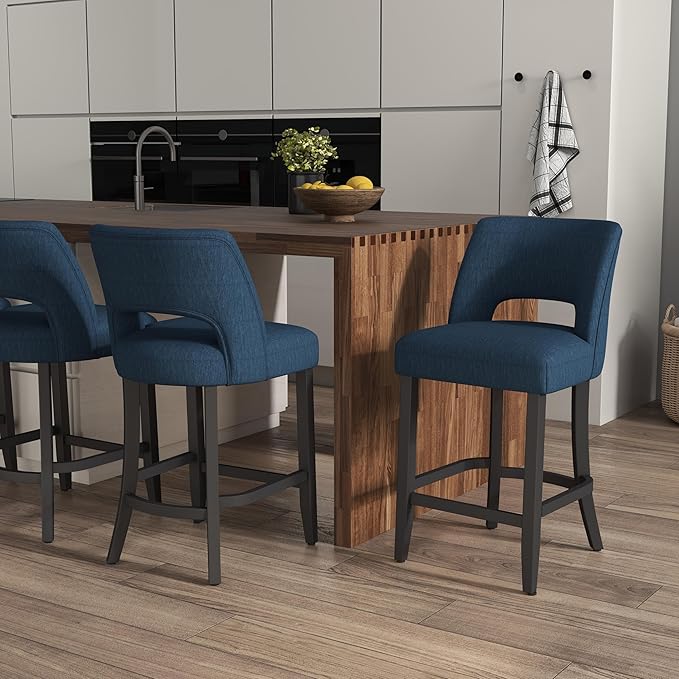 VKNOW Bar Stools Set of 6, Modern Counter Height Bar Stools, 26" Upholstered Counter Stools with Black Wood Legs for Kitchen Island Dining Room Bar, Blue-Black Legs