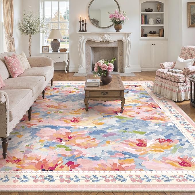 8x10 Washable Area Rug Pink Blue Living Room Bedroom Floral Throw Rug Abstract Modern Non Slip Soft Low Pile Large Carpet for Dining Room Office Nursery