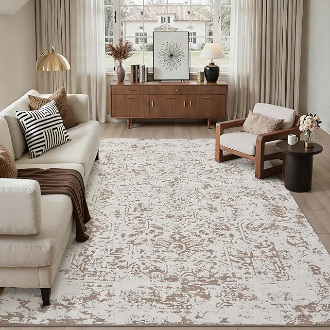 5x7 Fluffy Area Rug Brown Shag Neutral Throw Carpet for Living Room Soft Medium Pile Floral Throw Rug for Bedroom Dorm Office Dining Room Kitchen Modern Decor