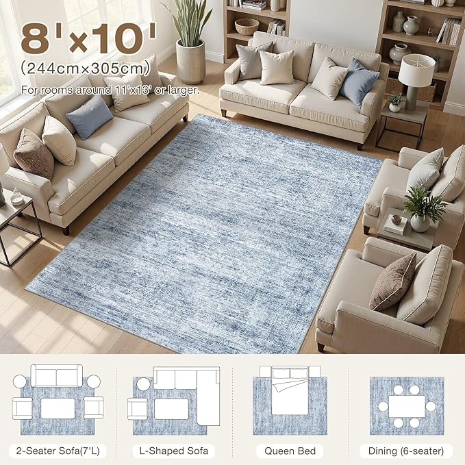 cotiled Large Area Rugs for Living Room 8x10, Machine Washable Rugs with Non Slip Backing Modern Neutral Abstract Rugs Stain Resistant Distressed Carpets for Home Office Decor (8x10 Blue)