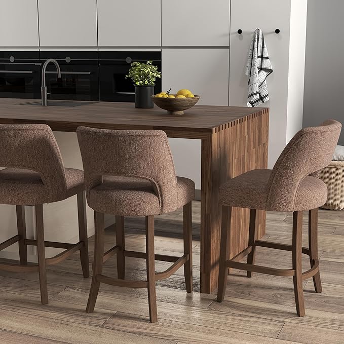 VKNOW Bar Stools Set of 2, 26" Upholstered Counter Height Bar Stools,Modern Counter Stools with Wood Legs for Kitchen Island Dining Room Bar,Brown