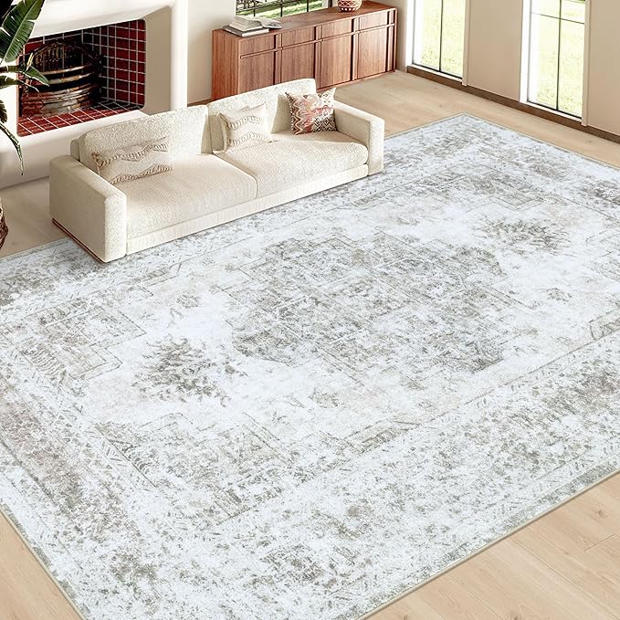 XLUEZ Area Rug 10x14 Living Room Rugs, Machine Washable Vintage Distressed Medallion Rug Non-Slip Soft Low Pile Large Indoor Rugs for Bedroom Kitchen Dining Room Office(Taupe,10'x14')