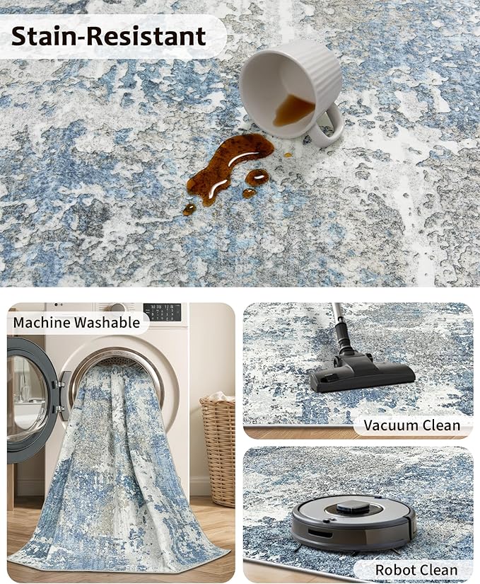 Art&Tuft Washable Rug, Anti-Slip Backing Abstract 8x10 Rug, Stain Resistant Rugs for Living Room, Foldable Machine Washable Area Rug (TPR53-Blue, 8'x10')