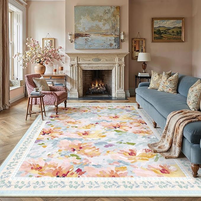 9x12 Area Rug Blue Living Room Bedroom Floral Throw Rug Abstract Modern Non Slip Soft Low Pile Large Carpet for Dining Room Office Nursery Indoor
