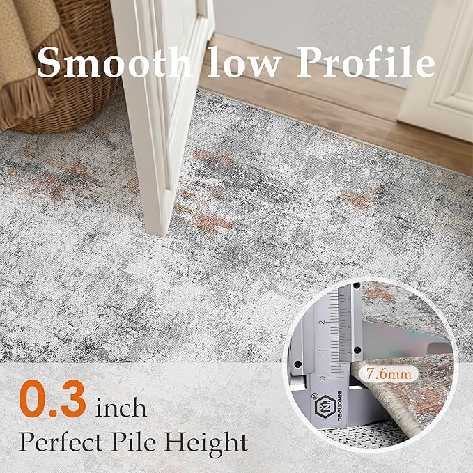 10x12 Washable Area Rug Rust Grey Abstract Non Slip Soft Low Pile Rug for Living Room Bedroom Dining Room Office Neutral Modern Indoor Large Throw Carpet for Home Decor