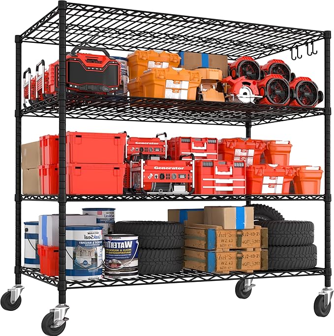 PrimeZone 55.5" W x 24" D x 80" H Heavy Duty Wire Storage Shelves with Wheels, 4 Tier Adjustable NSF Commercial Garage Shelving Unit, Rolling Metal Organizer Shelf Rack for Warehouse, Pantry, Black