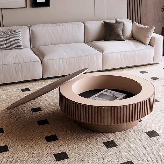 39.37" Round Coffee Table with Storage for Living Room Wood Coffee Table Contemporary Circle Center Table for Apartment, Easy Assembly, Walnut