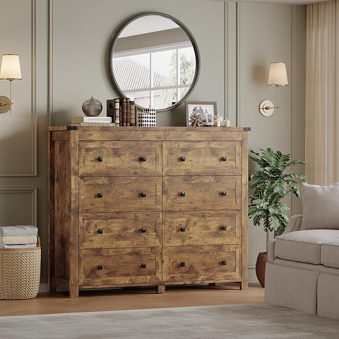 BORNOON Tall 8-Drawer Dresser, Modern Wooden Storage Chest of Drawers, Dresser TV Stand, Wood Drawer Organizer with Metal Handles for Bedroom, Living Room, Hallway