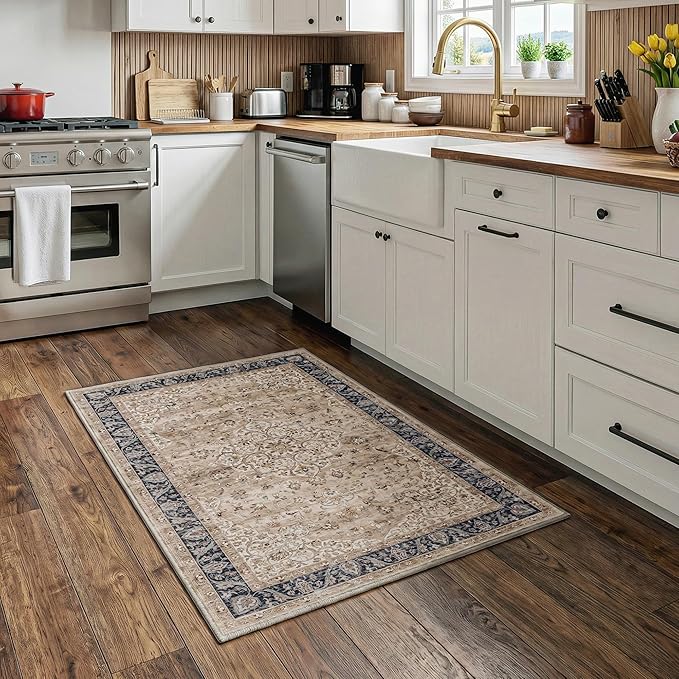 Entryway Rug 2x3 Brown Washable Vintage Entryway Area Rug Distressed Oriental Neutral Non Slip Low Pile Door Mat Soft Retro Small Throw Thin Indoor Carpet for Entry Entrance Kitchen Bathroom Bedroom