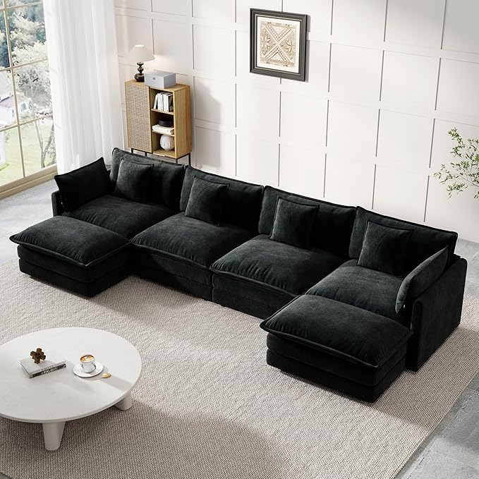 Modular Sectional Sofa, 146.5 Inch U-Shaped Cloud Sofa with Deep Seat Chenille Sofa with Cushions, Four Seater Sectional Sofa for Living Room Apartment,Black
