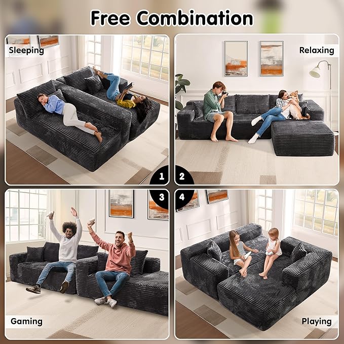 ovios 104" Cloud Boneless Couch with L-Shape Chaise,Modern Sectional Modular Sofa with Deep Seat, Upholstered Couches for Living Room Bedroom,No Assembly Required, Grey (Plush Corduroy Fabric)