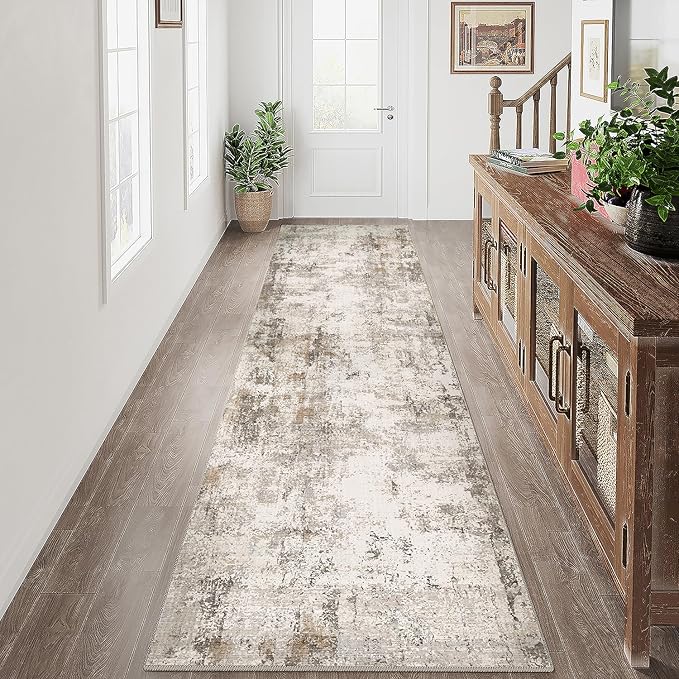 2x12 Washable Runner Rug Brown Grey Abstract Non Slip Soft Low Pile Hallway Kitchen Rug Neutral Modern Carpet for Laundry Bathroom Bedroom Living Room Home Decor