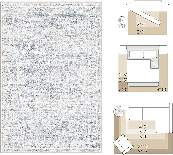 FMFUNCTEX 5x7 Washable Area Rug Blue Neutral Vintage Distressed Non Slip Low Pile Traditional Indoor Carpet for Living Room Bedroom Soft Retro Mat Throw Rug for Dining Office Kitchen Dorm Entryway