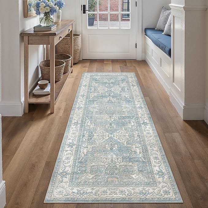 2x5 Washable Vintage Runner Rug Blue Oriental Hallway Kitchen Throw Rug Neutral Non Slip Soft Low Pile Carpet for Bathroom Laundry Bedroom Living Room