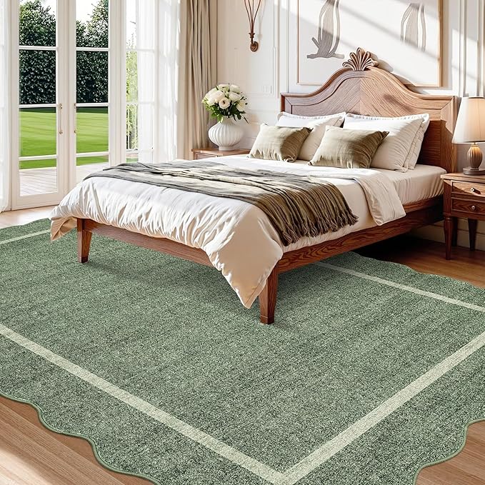 GarveeHome Scalloped Area Rug 4x6 - Washable Boho Bordered Non-Slip Entryway Rug, Neutral Farmhouse Living Room Rug Soft Throw Rugs for Entrance Hallway Bedroom Kitchen Nursery, Green