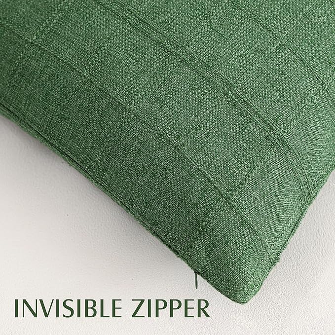Foindtower Set of 2 Decorative Linen Check Throw Pillow Covers Neutral Farmhouse Vintage Cushion Covers Modern Boho Accent Home Decor for Sofa Chair Couch Bedroom Living Room,24×24 Inch,Forest Green