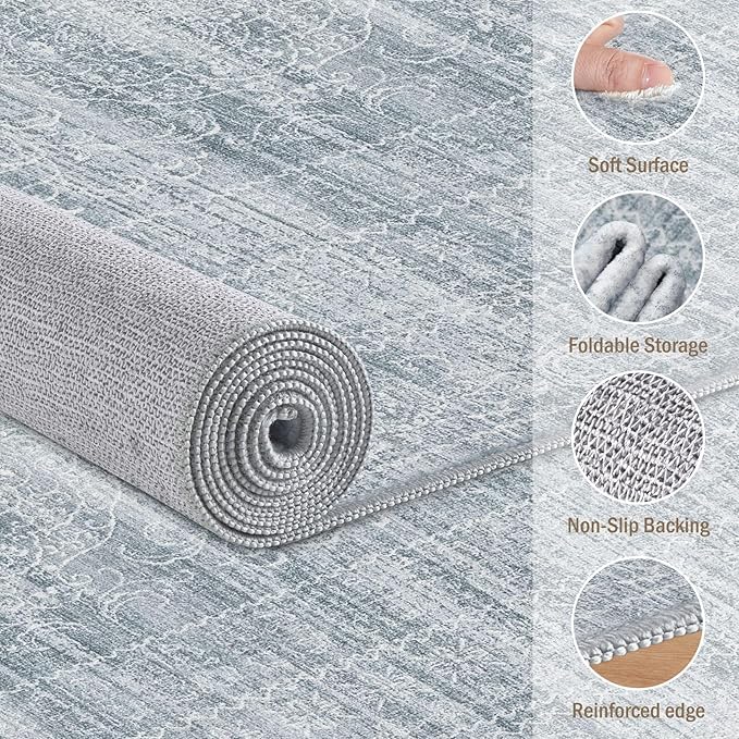 Nakagishi 10x14 Area Rugs Living Room: Washable Large Vintage Blue Rug Neutral Non-Slip Soft Stain Resistant Indoor Carpet for Bedroom Nursery Dining Room Under Table Bed Home House Office Playroom