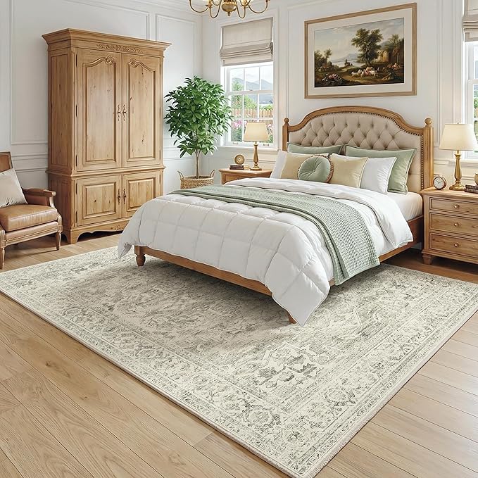 FMFUNCTEX 6x9 Washable Area Rug Green Neutral Distressed Oriental Vintage Large Non Slip Carpet for Living Room Bedroom Soft Low Pile Indoor Mat Retro Throw Rug for Dining Room Kitchen Office Nursery