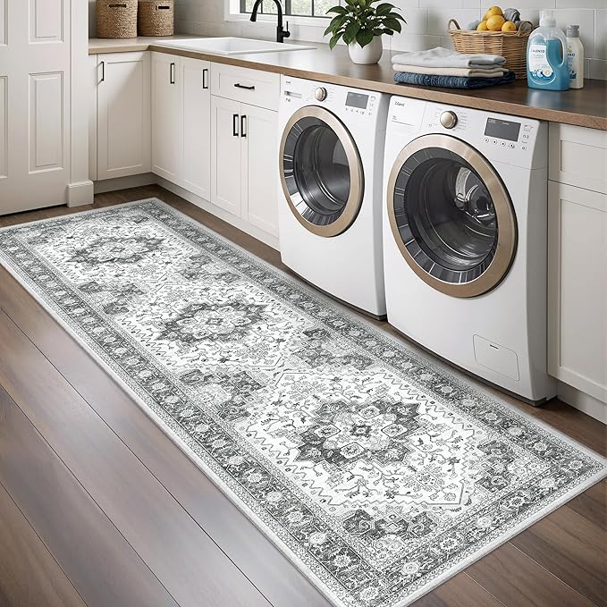 Runner Rug 2'x8' Washable Vintage Area Rugs for Hallway Non Slip Laundry Rug Runner Boho Floor Carpet Runners for Entryway Laundry Room Kitchen Bathroom (2'x8',Grey)