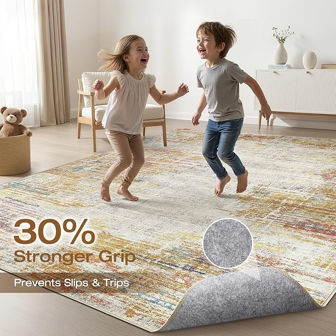 5x7 Area Rugs Living Room: Washable Large Neutral Rug Abstract Soft Modern Stain Resistant Indoor Floor Non-Slip Carpet for Bedroom Nursery Kids Classroom Playroom Dining Room Office- Gold Colorful