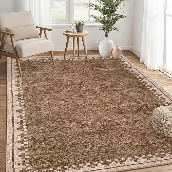 GarveeHome 5x7 Area Rug Washable Living Room Non Slip Modern Border Large Bedroom Throw Carpet Soft Stain Resistant Geometric Dining Room Rug Low Pile Cross Carpets for Nursery Dorm Home Office, Brown