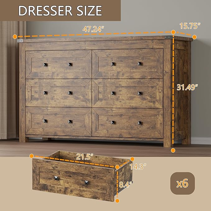 BORNOON 6-Drawer Dresser, Modern Wooden Storage Chest of Drawers, Dresser TV Stand, Wood Drawer Organizer with Metal Handles for Bedroom, Living Room, Hallway