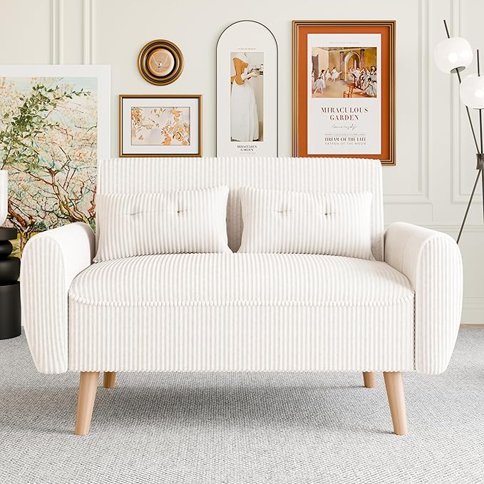 Vongrasig 48" Small Modern Loveseat Sofa, Mid Century Soft Corduroy Fabric 3-Seat Sofa Couch Tufted with Back Cushions and Tapered Legs for Living Room, Bedroom and Small Space, White