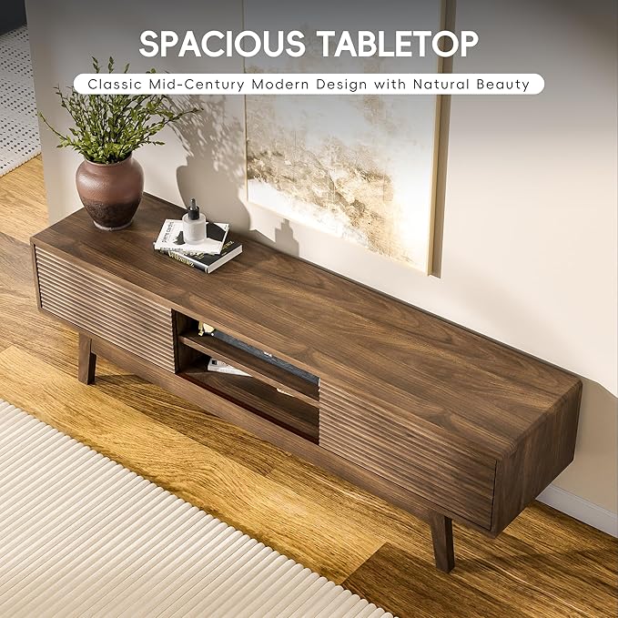 MU 59 Inch TV Stand for TVs up to 65 Inch, Mid Century Modern TV Console with Fluted Sliding Doors & Shelves, Low Profile Entertainment Center for Bedroom, Living Room (Walnut, 59")
